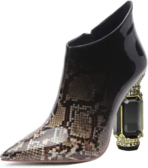 FSJ Women Trendy Ankle Boots Pointed Toe Comfy Chunky High Heel Sparkly Crystal Side Zipper Booties Wedding Party Shoes Size 4-16 US