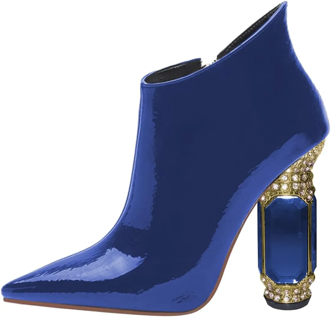 FSJ Women Trendy Ankle Boots Pointed Toe Comfy Chunky High Heel Sparkly Crystal Side Zipper Booties Wedding Party Shoes Size 4-16 US