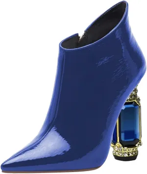 FSJ Women Trendy Ankle Boots Pointed Toe Comfy Chunky High Heel Sparkly Crystal Side Zipper Booties Wedding Party Shoes Size 4-16 US