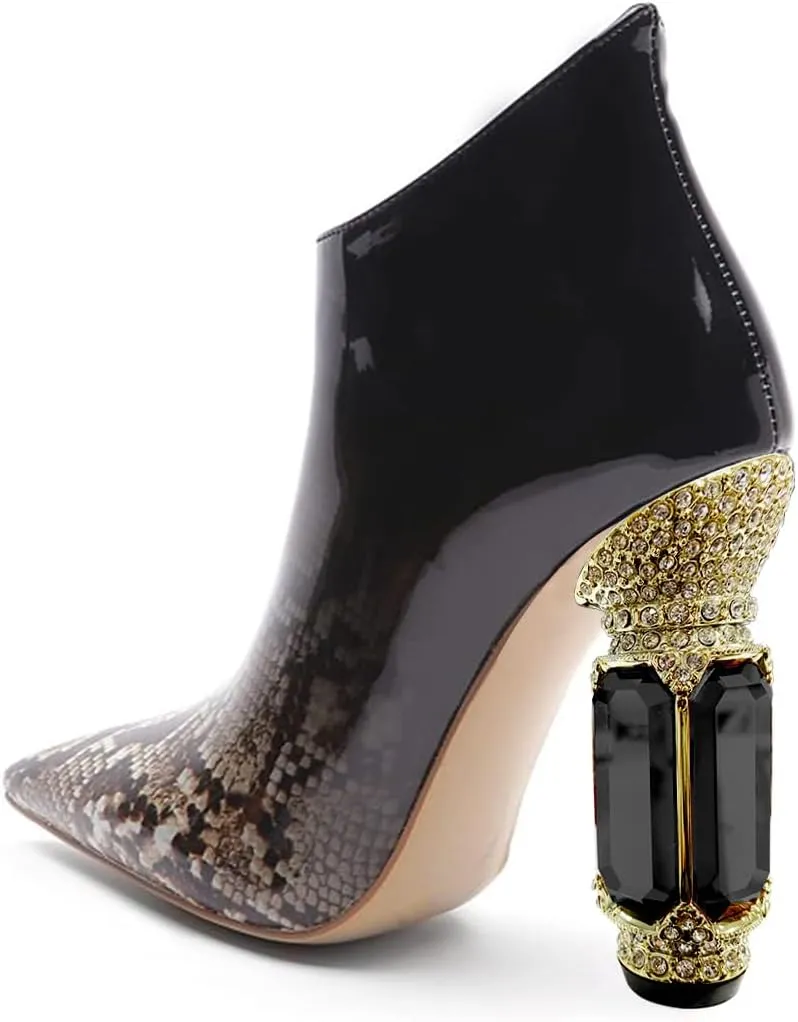 FSJ Women Trendy Ankle Boots Pointed Toe Comfy Chunky High Heel Sparkly Crystal Side Zipper Booties Wedding Party Shoes Size 4-16 US