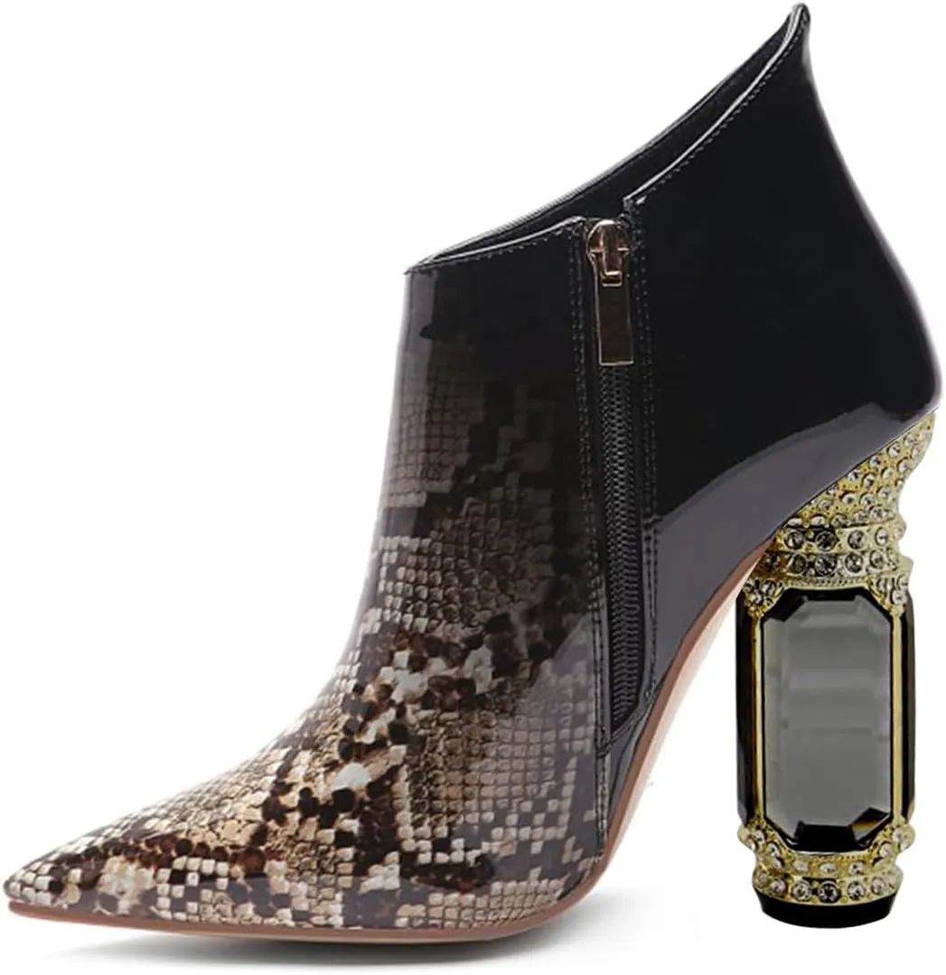 FSJ Women Trendy Ankle Boots Pointed Toe Comfy Chunky High Heel Sparkly Crystal Side Zipper Booties Wedding Party Shoes Size 4-16 US