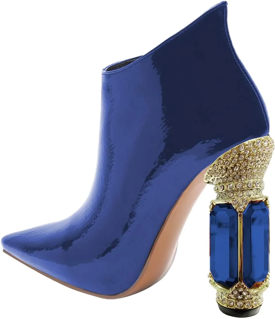 FSJ Women Trendy Ankle Boots Pointed Toe Comfy Chunky High Heel Sparkly Crystal Side Zipper Booties Wedding Party Shoes Size 4-16 US