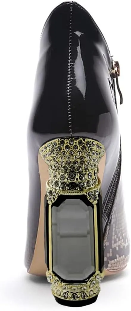FSJ Women Trendy Ankle Boots Pointed Toe Comfy Chunky High Heel Sparkly Crystal Side Zipper Booties Wedding Party Shoes Size 4-16 US