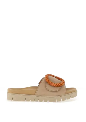 Gabor Smooth Leather Buckle Mule Sandals, Beige