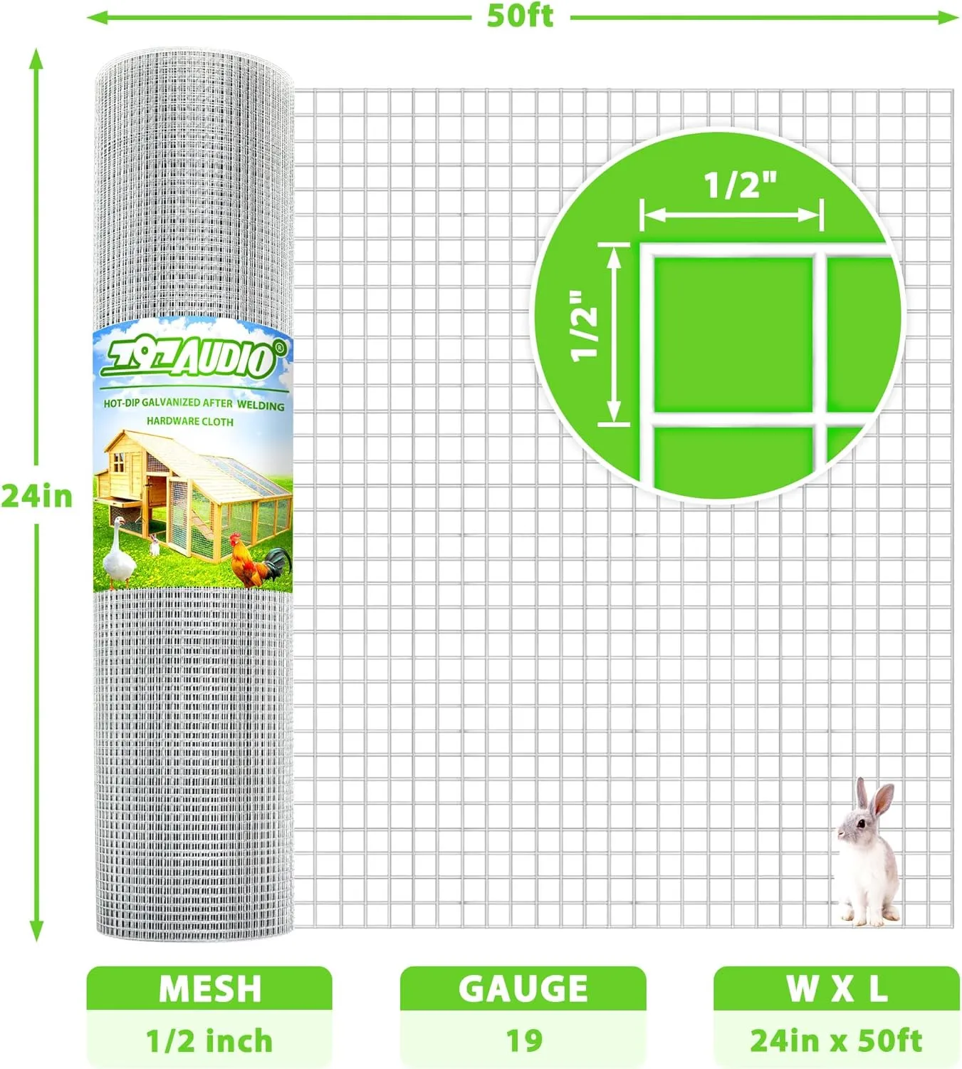 Hardware Cloth Hot Dip Galvanized After Welding,1/2 inch 24 in x 50 ft 19 Gauge,Chicken Wire,Metal Fence Mesh Wire Roll,Garden Fencing Welded Wire Mesh for Pet Enclosures,Poultry and Agricultural Use