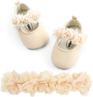 HsdsBebe 2pcs/Set Newborn Baby Girl Princess Mary Jane Shoes Toddler Infant Wedding Dress Flat Shoes with Free Headband