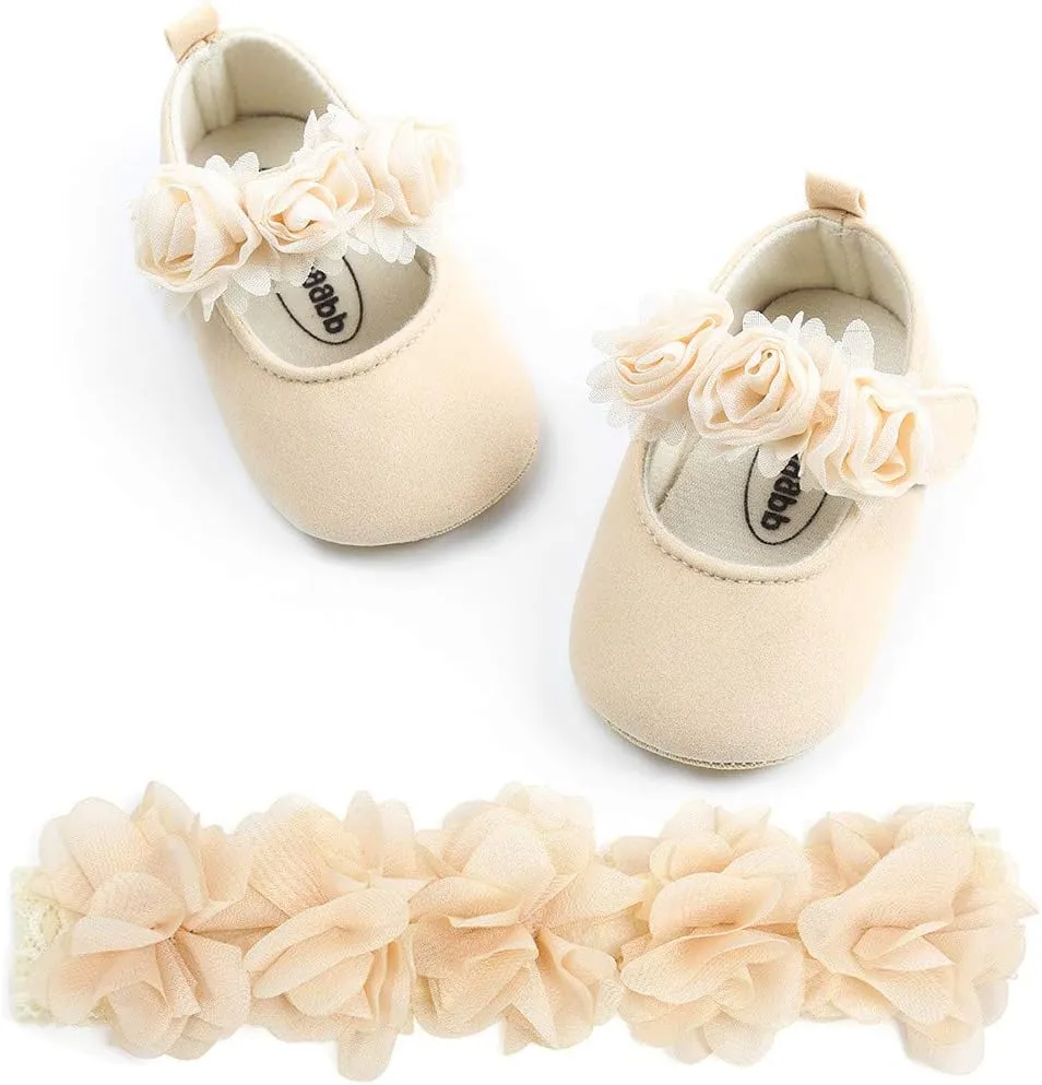 HsdsBebe 2pcs/Set Newborn Baby Girl Princess Mary Jane Shoes Toddler Infant Wedding Dress Flat Shoes with Free Headband
