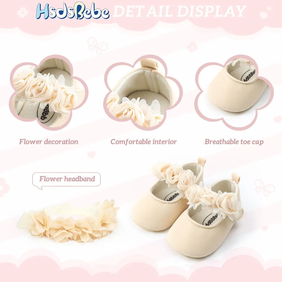 HsdsBebe 2pcs/Set Newborn Baby Girl Princess Mary Jane Shoes Toddler Infant Wedding Dress Flat Shoes with Free Headband