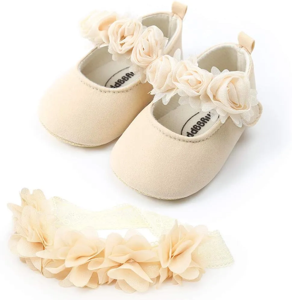 HsdsBebe 2pcs/Set Newborn Baby Girl Princess Mary Jane Shoes Toddler Infant Wedding Dress Flat Shoes with Free Headband