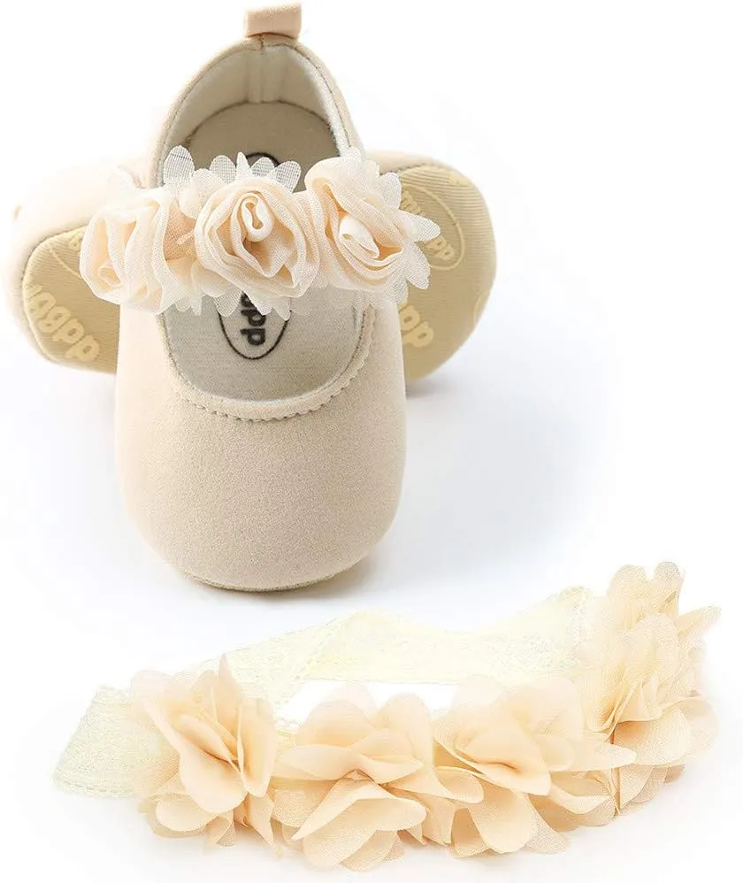 HsdsBebe 2pcs/Set Newborn Baby Girl Princess Mary Jane Shoes Toddler Infant Wedding Dress Flat Shoes with Free Headband