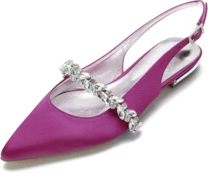 Hyinlays Women's Closed Toe Wedding Flats Slingback Pump Shoes for Bride Satin Crystal Pointed Toe Formal Party Flat Sandals