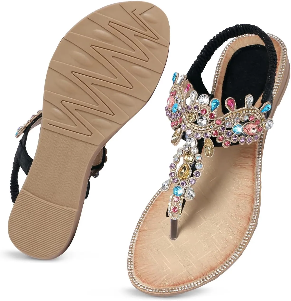iCKER Women Rhinestone Sandals T-Strap Buckle Bohemian Pearl Crystal Flat Sandals