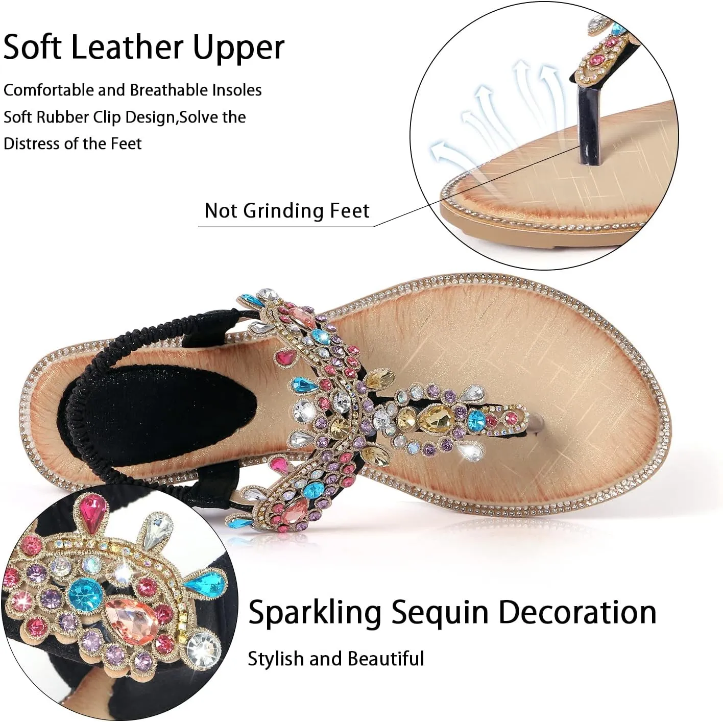 iCKER Women Rhinestone Sandals T-Strap Buckle Bohemian Pearl Crystal Flat Sandals