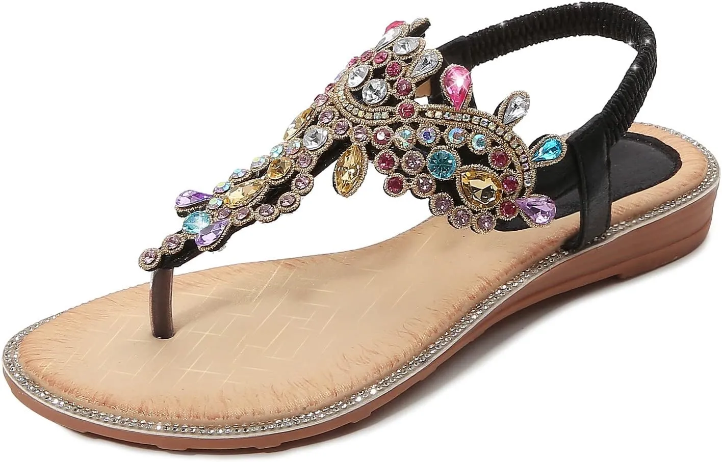 iCKER Women Rhinestone Sandals T-Strap Buckle Bohemian Pearl Crystal Flat Sandals