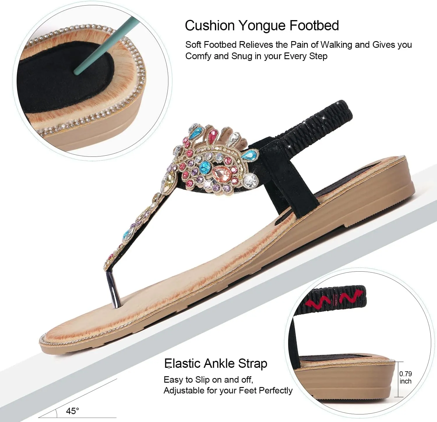 iCKER Women Rhinestone Sandals T-Strap Buckle Bohemian Pearl Crystal Flat Sandals