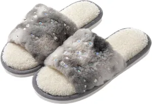 JadeRich Women's Fuzzy Tie Dye Open Toe Slippers Fluffy Faux Fur Slip on Plush Home Slides Sandals for Indoor Outdoor