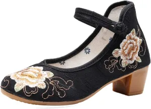 JOEupin Women Chinese Embroidered Flower Flat Bridal Mary Jane Ballet Shoes