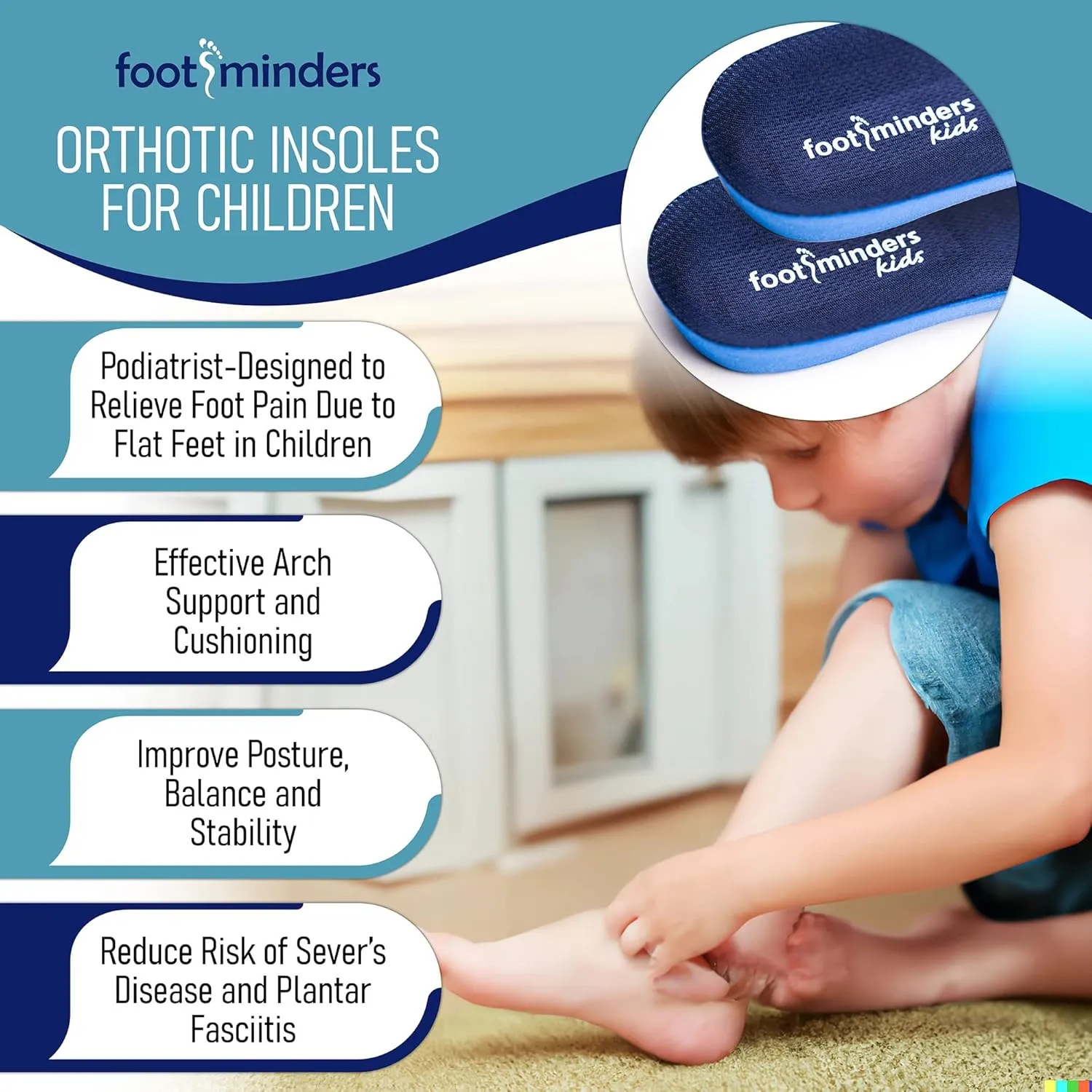 Kids Orthotic Inserts - Pediatric Arch Support Insoles for Children Ages 7-9 (Pair) - K (Size 1-3½) - Prevent Foot Pain Due to Flat Feet or Low Arches in Children