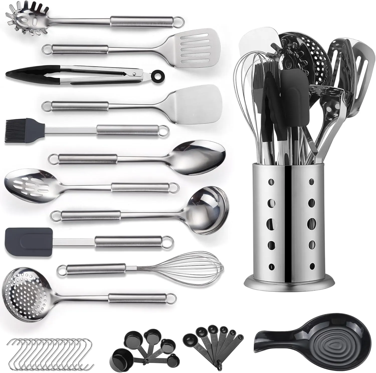 Kitchen Utensils Set, 39 Pieces Stainless Steel Cooking Utensils Set, Spoon Spatula Set with Sturdy Stainless Steel Utensil Holder, Dishwasher Safe