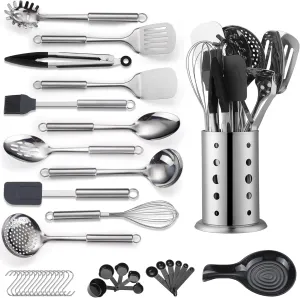 Kitchen Utensils Set, 39 Pieces Stainless Steel Cooking Utensils Set, Spoon Spatula Set with Sturdy Stainless Steel Utensil Holder, Dishwasher Safe