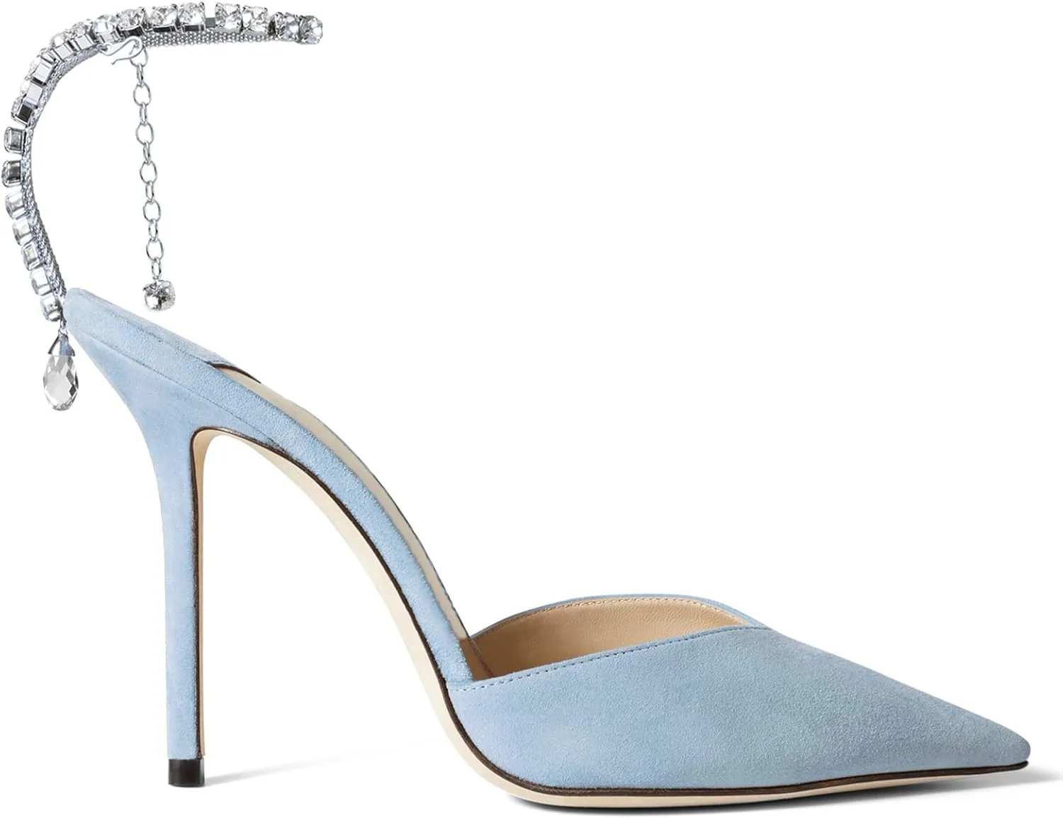 LauraVicci Women's Heeled Sandals Crystal Chain Ankle Straps Rhinestones Buckle High Heels Stiletto Slip On Wedding Party Satin Dress Shoes