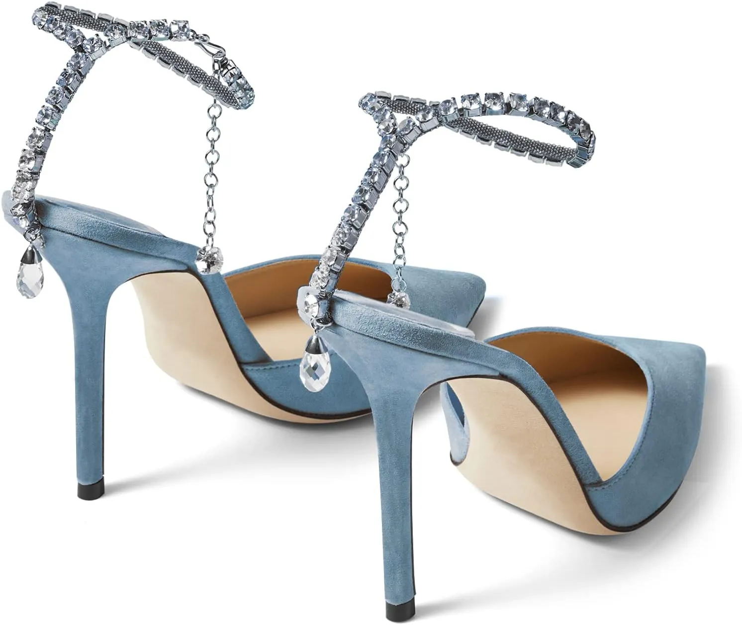 LauraVicci Women's Heeled Sandals Crystal Chain Ankle Straps Rhinestones Buckle High Heels Stiletto Slip On Wedding Party Satin Dress Shoes