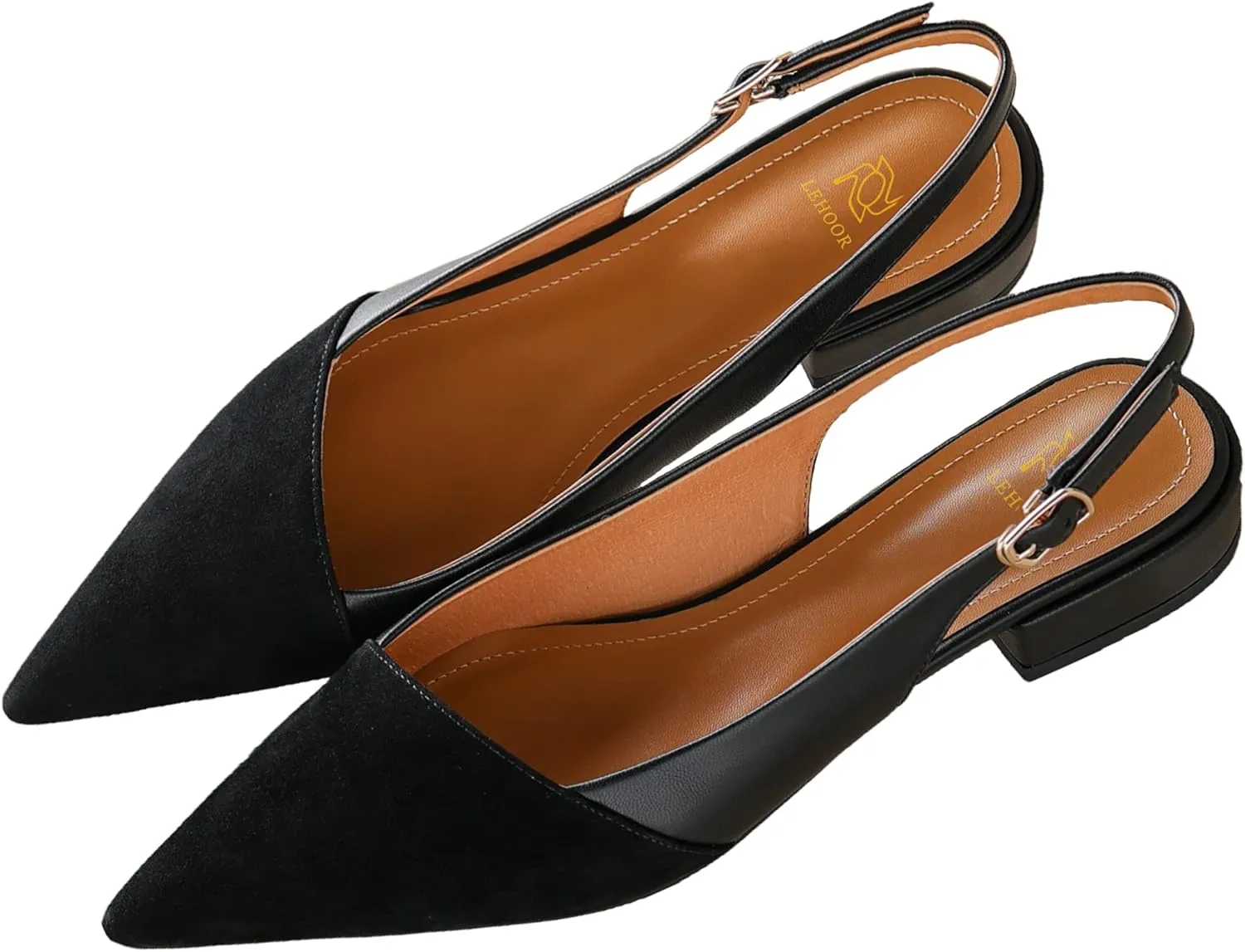 LEHOOR Women Slingback Flats Cap Toe Two Tone Pointed Closed Toe Flat Heel Sandals Pumps Colorblock Buckle Strap Patchwork Slip On Sandals Comfortable Chic Office Ladies Summer 4-11 M US