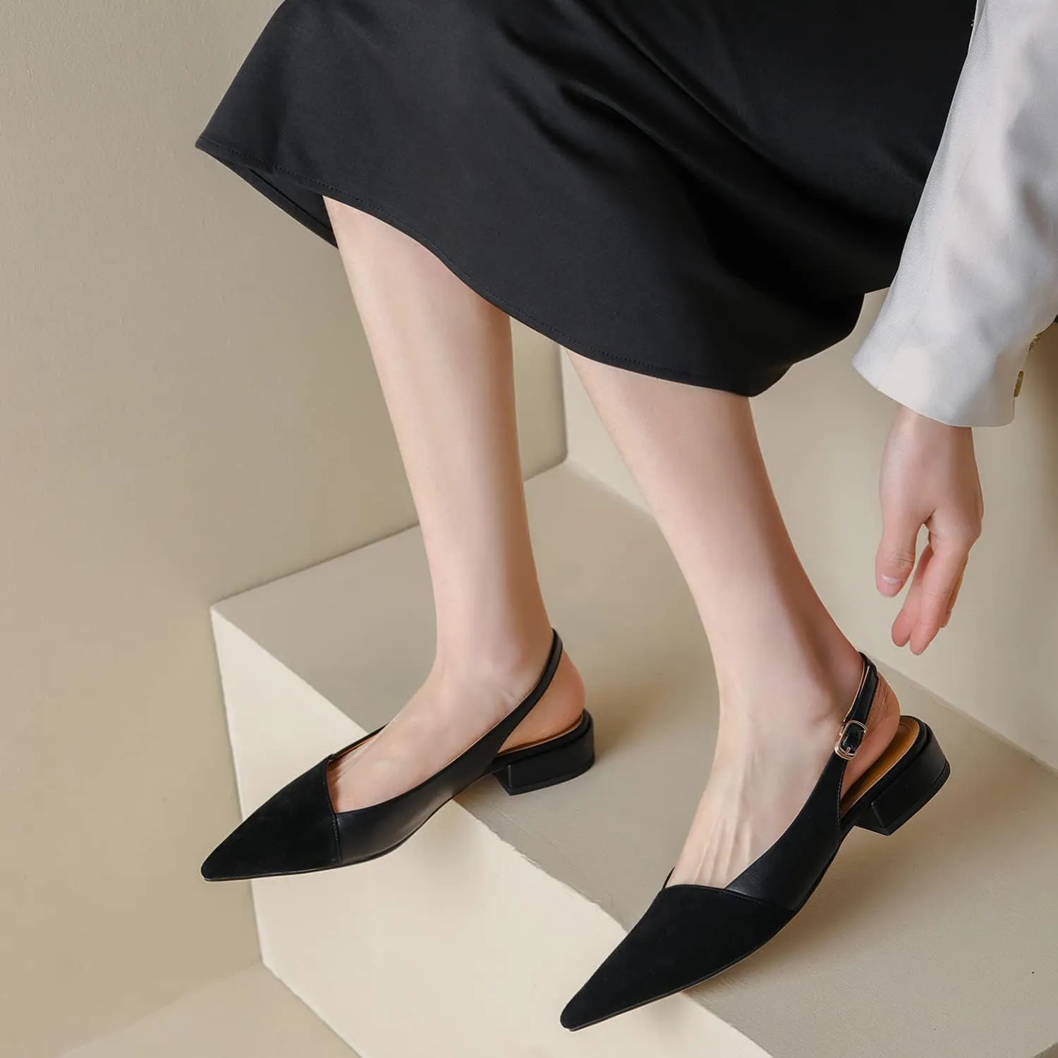 LEHOOR Women Slingback Flats Cap Toe Two Tone Pointed Closed Toe Flat Heel Sandals Pumps Colorblock Buckle Strap Patchwork Slip On Sandals Comfortable Chic Office Ladies Summer 4-11 M US