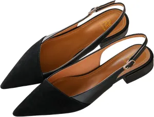 LEHOOR Women Slingback Flats Cap Toe Two Tone Pointed Closed Toe Flat Heel Sandals Pumps Colorblock Buckle Strap Patchwork Slip On Sandals Comfortable Chic Office Ladies Summer 4-11 M US