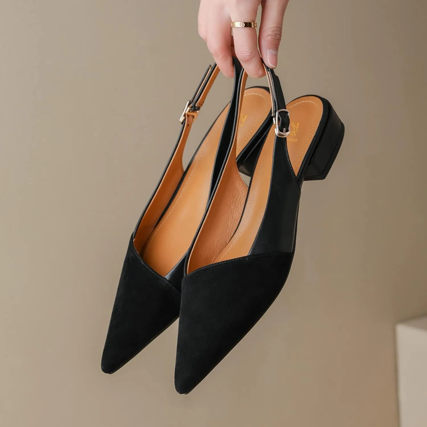 LEHOOR Women Slingback Flats Cap Toe Two Tone Pointed Closed Toe Flat Heel Sandals Pumps Colorblock Buckle Strap Patchwork Slip On Sandals Comfortable Chic Office Ladies Summer 4-11 M US
