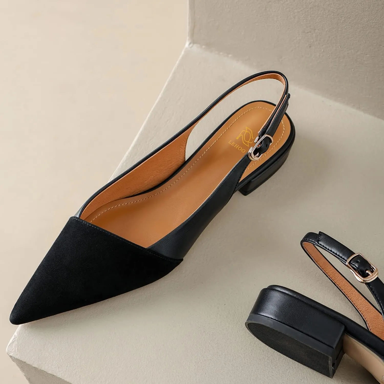LEHOOR Women Slingback Flats Cap Toe Two Tone Pointed Closed Toe Flat Heel Sandals Pumps Colorblock Buckle Strap Patchwork Slip On Sandals Comfortable Chic Office Ladies Summer 4-11 M US