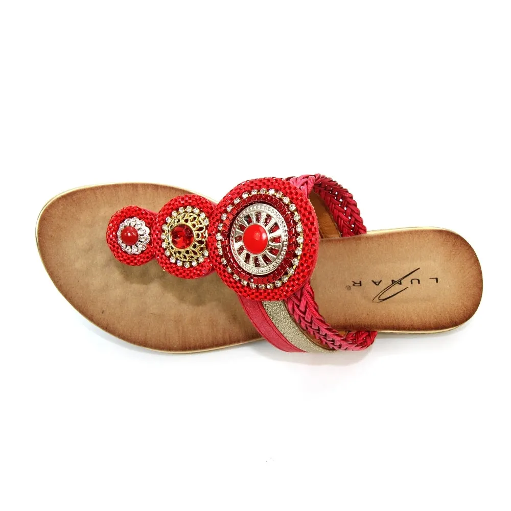 LUNAR - JLH198 Carlotta Jewelled Toe Post Sandal Red