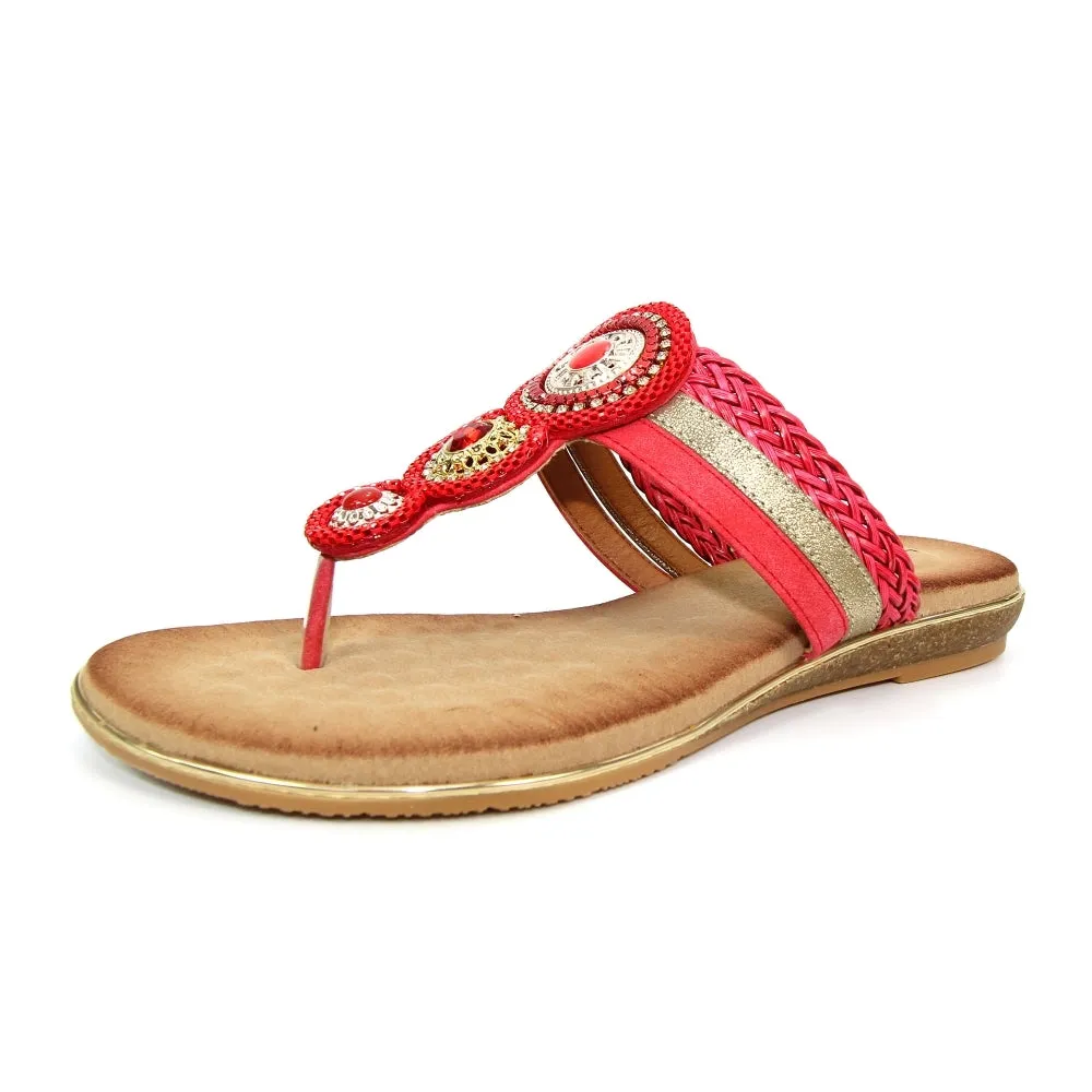 LUNAR - JLH198 Carlotta Jewelled Toe Post Sandal Red