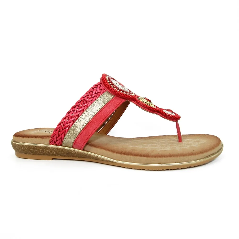 LUNAR - JLH198 Carlotta Jewelled Toe Post Sandal Red