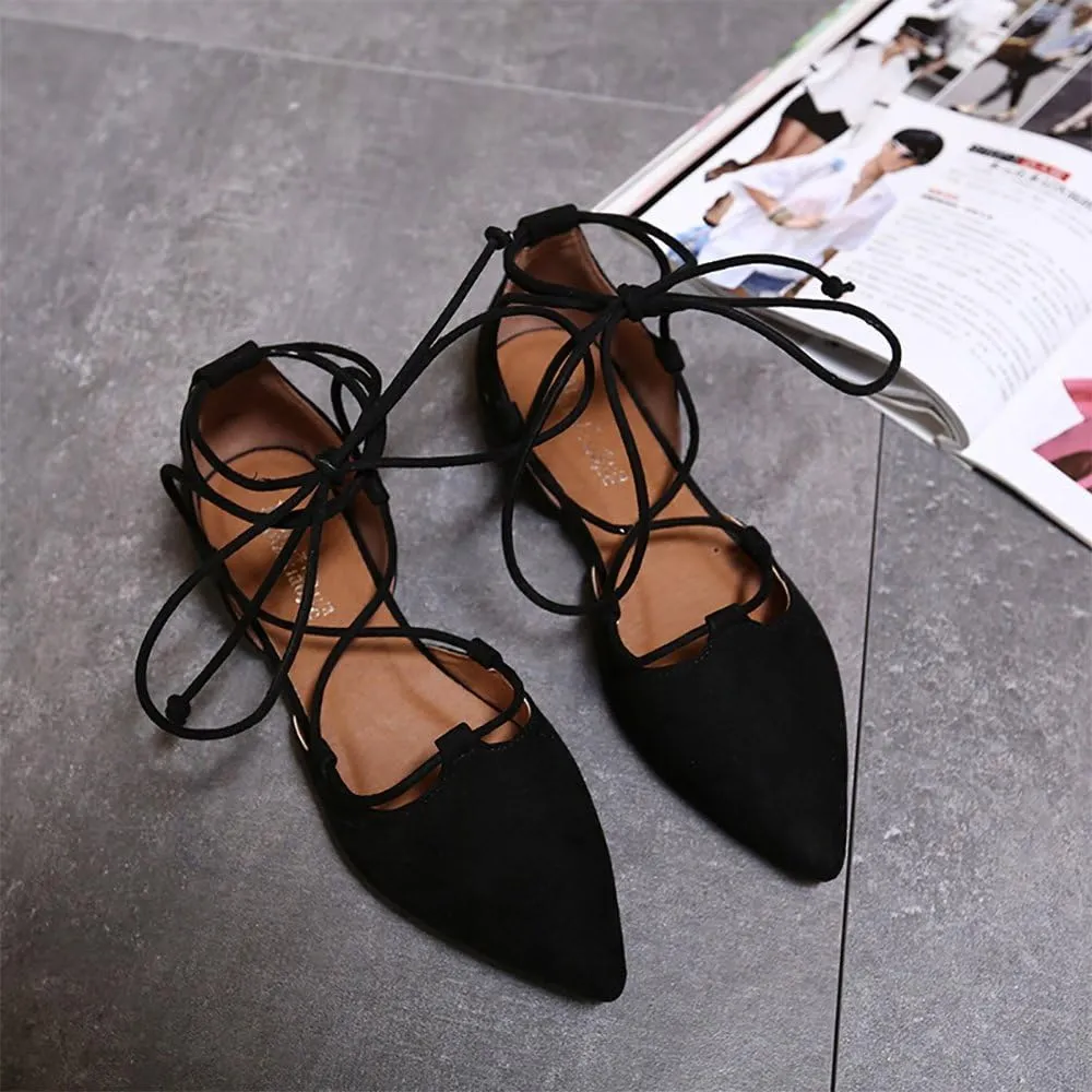 Meeshine Womens D'Orsay Pointy Toe Ankle Strap Wrap Ballet Flats Lace Up Flat Shoes