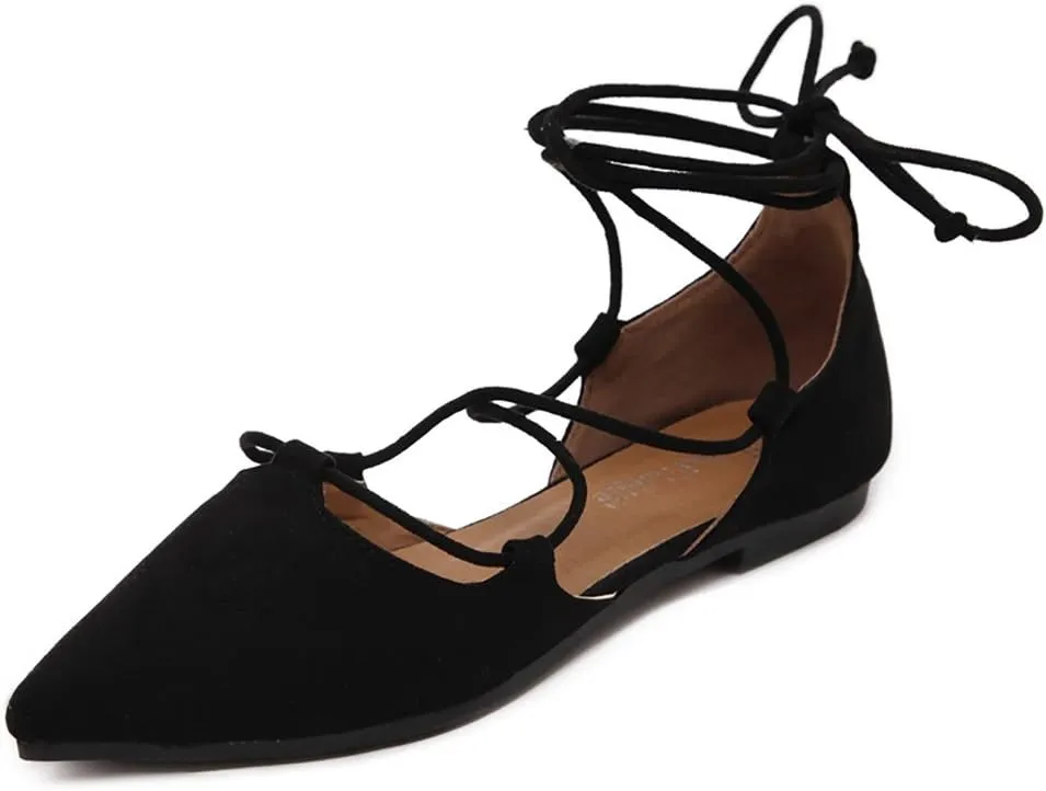 Meeshine Womens D'Orsay Pointy Toe Ankle Strap Wrap Ballet Flats Lace Up Flat Shoes