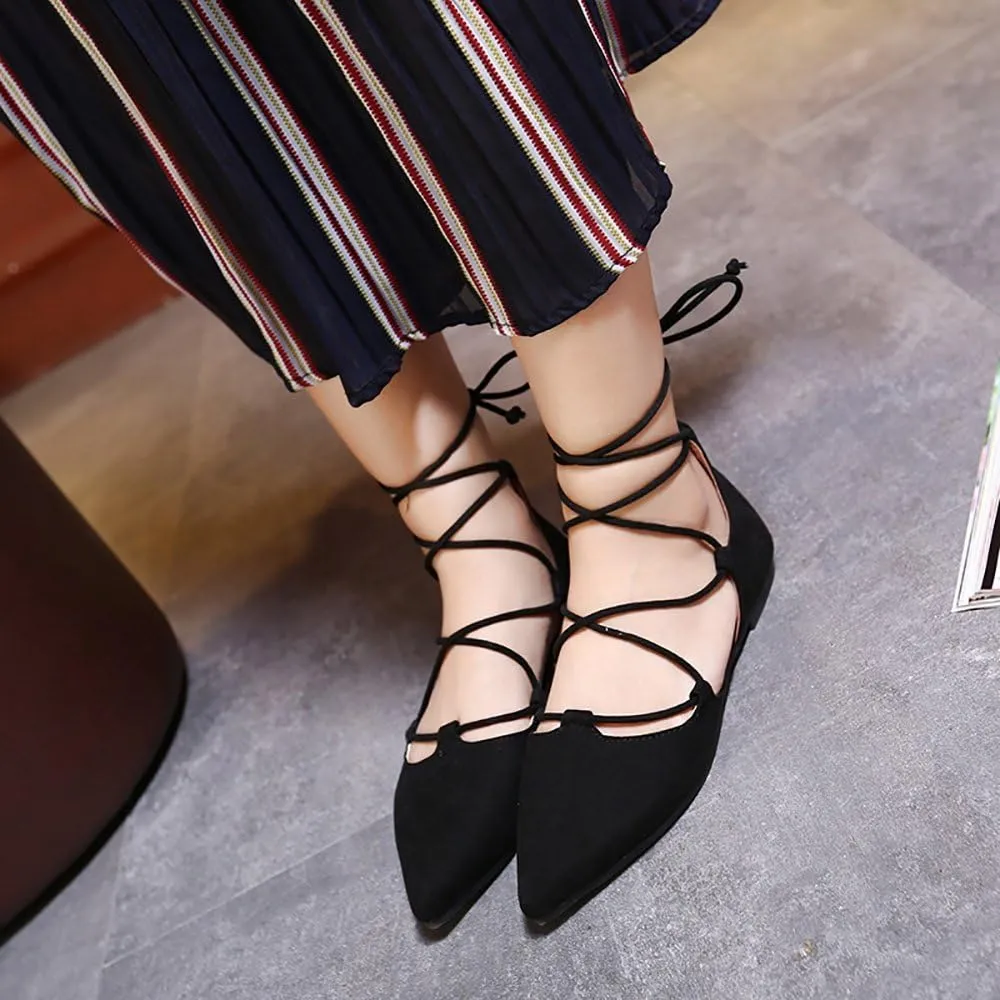 Meeshine Womens D'Orsay Pointy Toe Ankle Strap Wrap Ballet Flats Lace Up Flat Shoes