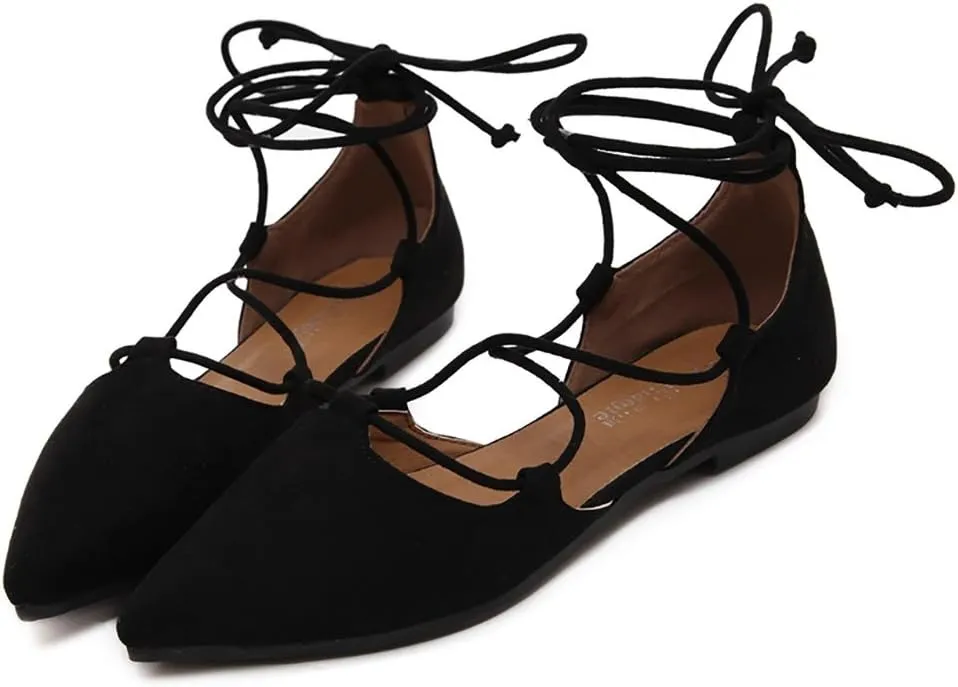 Meeshine Womens D'Orsay Pointy Toe Ankle Strap Wrap Ballet Flats Lace Up Flat Shoes