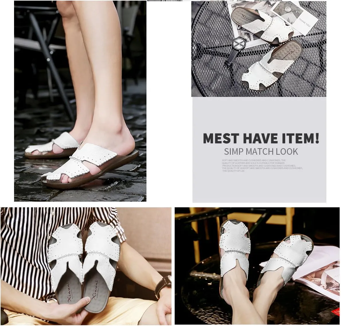 Mens Leather Sandals Casual Slippers Non-Slip Outdoor Slides Fashion Summer Beach Closed Toe Shoes
