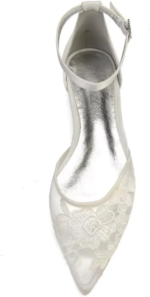 Mesh Appliques Wedding Flats for Bride Pointed Toe Tie up Bridesmaids Shoes