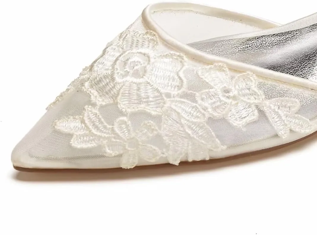 Mesh Appliques Wedding Flats for Bride Pointed Toe Tie up Bridesmaids Shoes