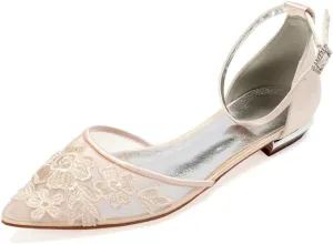Mesh Appliques Wedding Flats for Bride Pointed Toe Tie up Bridesmaids Shoes