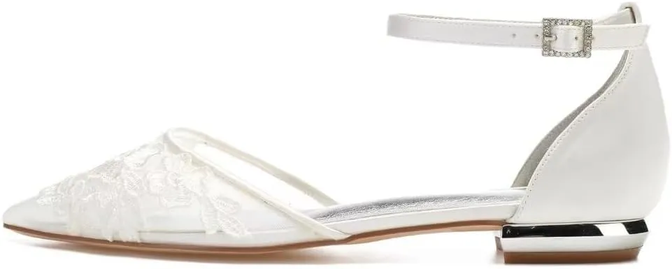 Mesh Appliques Wedding Flats for Bride Pointed Toe Tie up Bridesmaids Shoes