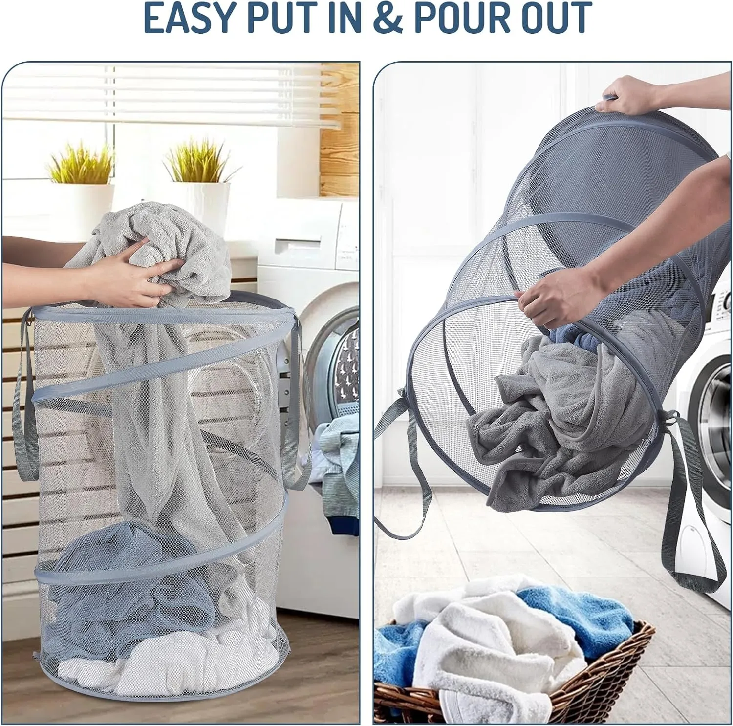 Mesh Popup Laundry Hamper 115L Collapsible Laundry Basket Extra Large Capacity Foldable Clothing Storage Basket with Handles 26 H x 18 W x 18 L (Gray)