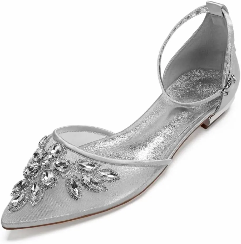 Mesh Rhinestones Wedding Flats for Bride Pointed Toe Formal Party Dress Shoes Flat