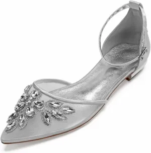 Mesh Rhinestones Wedding Flats for Bride Pointed Toe Formal Party Dress Shoes Flat