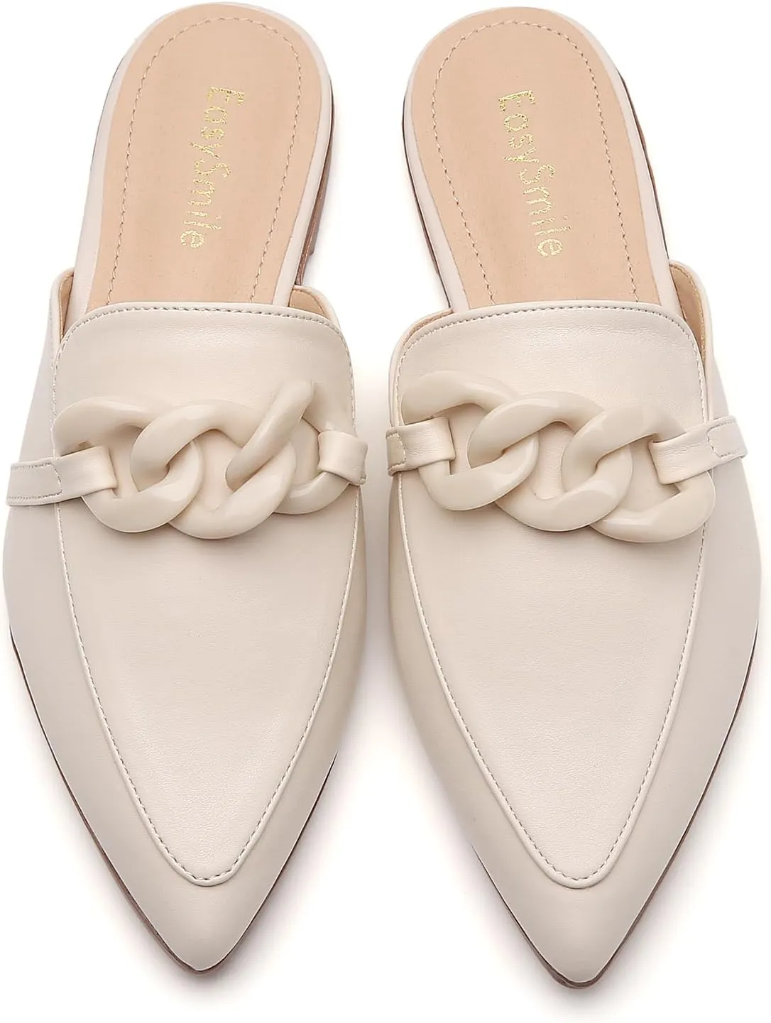 Metal Chain Decor Flat Mules for Women Closed Pointed Toe Slip on Loafers Slides Backless Mules Shoes