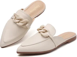 Metal Chain Decor Flat Mules for Women Closed Pointed Toe Slip on Loafers Slides Backless Mules Shoes