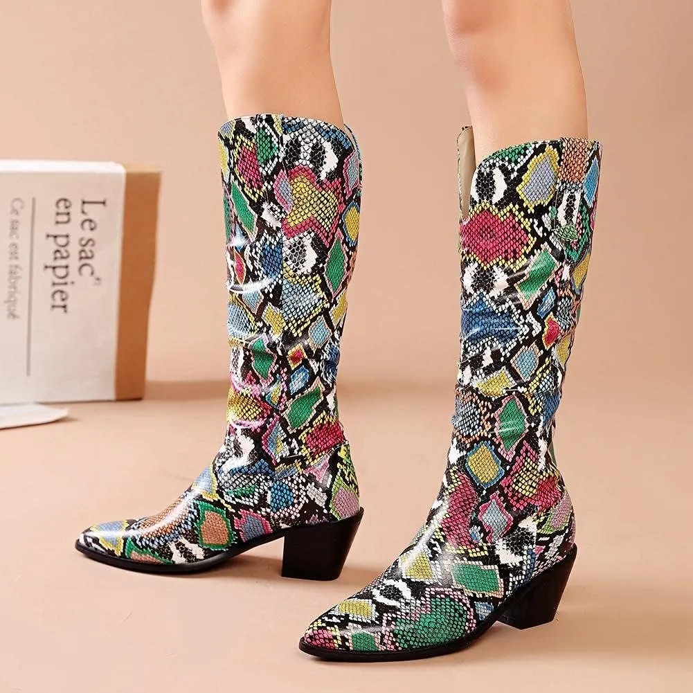 mikarka Cowboy Boots for Women Modern Western Pointed Toe Chunky Block Snakeskin Cowgirl Mid-calf Boots with Pull-up Tabs