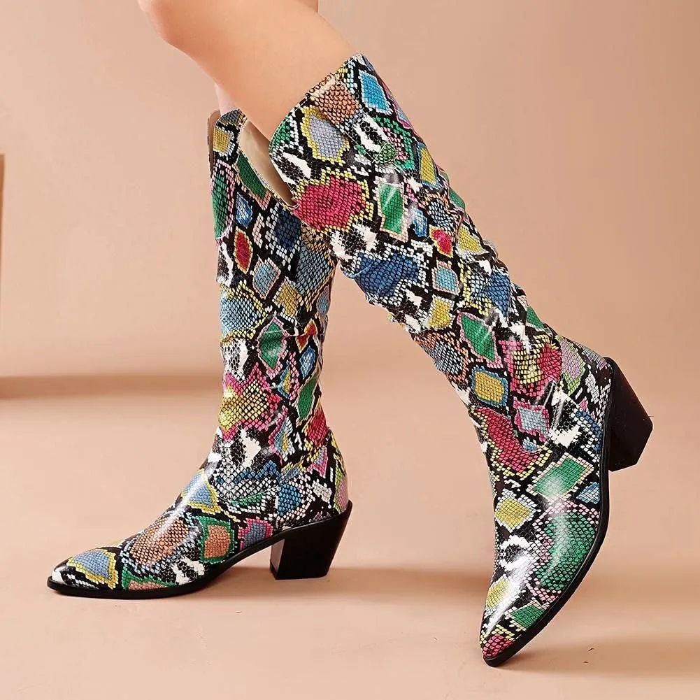 mikarka Cowboy Boots for Women Modern Western Pointed Toe Chunky Block Snakeskin Cowgirl Mid-calf Boots with Pull-up Tabs